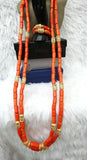 Extra Long Coral Traditional Men Beads 2 Layers Gold Embellished Necklace Bracelet Jewellery Set Coral Beads