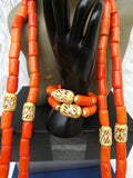 Extra Long Coral Traditional Men Beads 2 Layers Gold Embellished Necklace Bracelet Jewellery Set Coral Beads