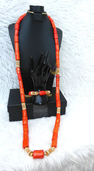 Extra Long Traditional Men Unisex Coral Beads Necklace Gold Embellished Jewellery Set Coral Beads