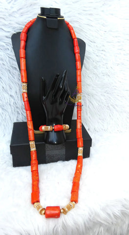 Extra Long Traditional Men Unisex Coral Beads Necklace Gold Embellished Jewellery Set Coral Beads