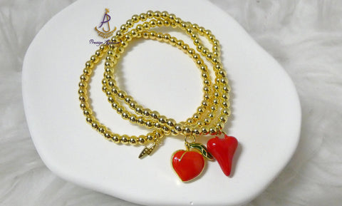 Gold Beaded Charm Bracelet Set with Red Heart Accents – Stackable Fashion Bracelet for Women
