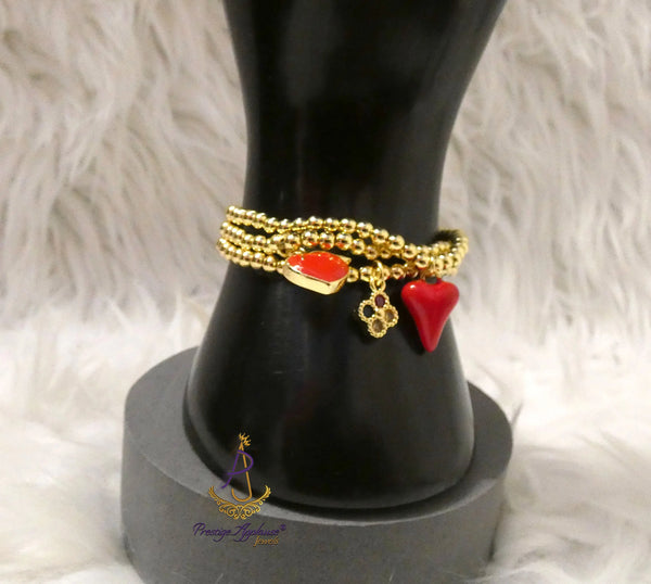 Gold Beaded Charm Bracelet Set with Red Heart Accents – Stackable Fashion Bracelet for Women
