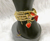Gold Beaded Charm Bracelet Set with Red Heart Accents – Stackable Fashion Bracelet for Women