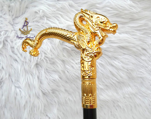 Gold Dragon Head Decorative Chief Groom Walking Stick – Ornamental Handle Gentlemen’s Cane African Walking Staff