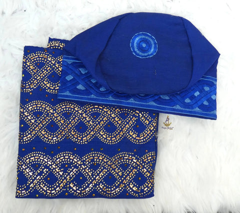 Gold Mix Royal Blue Aso Oke Yoruba Fila Cap With Women Gele – Traditional African Men’s Hat for Groom, Bride Gele Wedding & Party PrestigeApplause Jewels