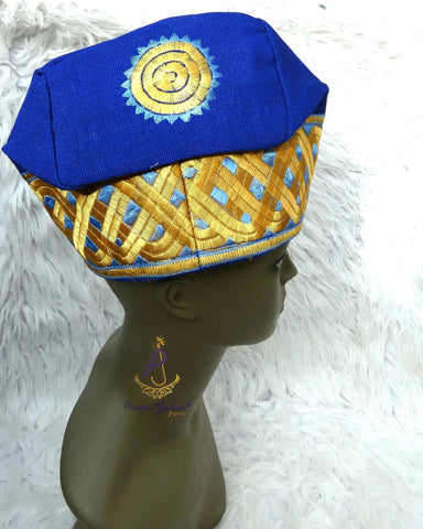 Gold Mix Royal Blue Aso Oke Yoruba Fila Cap With Women Gele – Traditional African Men’s Hat for Groom, Bride Gele Wedding & Party PrestigeApplause Jewels