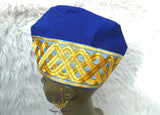 Gold Mix Royal Blue Aso Oke Yoruba Fila Cap With Women Gele – Traditional African Men’s Hat for Groom, Bride Gele Wedding & Party PrestigeApplause Jewels