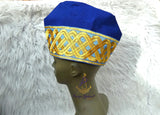 Gold Mix Royal Blue Aso Oke Yoruba Fila Cap With Women Gele – Traditional African Men’s Hat for Groom, Bride Gele Wedding & Party PrestigeApplause Jewels