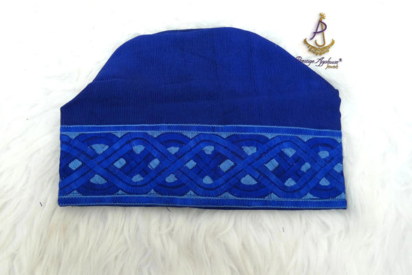 Gold Mix Royal Blue Aso Oke Yoruba Fila Cap With Women Gele – Traditional African Men’s Hat for Groom, Bride Gele Wedding & Party PrestigeApplause Jewels