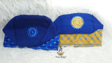 Gold Mix Royal Blue Aso Oke Yoruba Fila Cap With Women Gele – Traditional African Men’s Hat for Groom, Bride Gele Wedding & Party PrestigeApplause Jewels