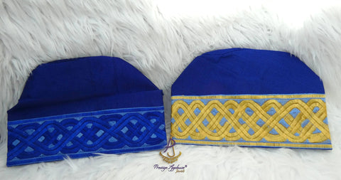 Gold Mix Royal Blue Aso Oke Yoruba Fila Cap With Women Gele – Traditional African Men’s Hat for Groom, Bride Gele Wedding & Party PrestigeApplause Jewels