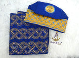 Gold Mix Royal Blue Aso Oke Yoruba Fila Cap With Women Gele – Traditional African Men’s Hat for Groom, Bride Gele Wedding & Party PrestigeApplause Jewels