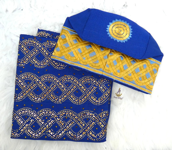 Gold Mix Royal Blue Aso Oke Yoruba Fila Cap With Women Gele – Traditional African Men’s Hat for Groom, Bride Gele Wedding & Party PrestigeApplause Jewels