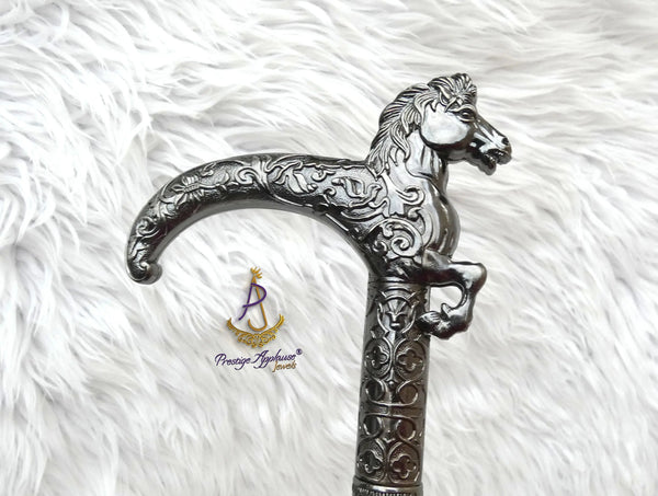 Grey Silver Horse Head Decorative Chief Groom Walking Stick – Ornamental Handle Gentlemen’s Cane African Walking Staff PrestigeApplause Jewels