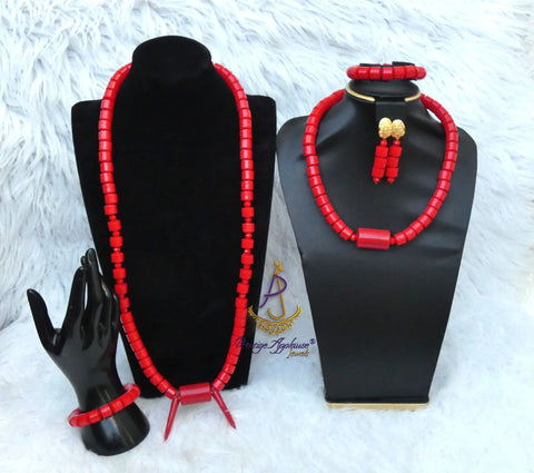 His & Her Red Coral-Style Beaded Necklace Men Women Set – Traditional Statement Jewellery