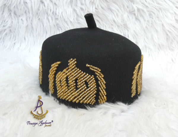 Igbo Edo Chieftaincy Ozo Black Red Hat | Nigerian Men’s Cap with Gold Embroidery | African Traditional Chief Hat with free Red bracelet PrestigeApplause Jewels