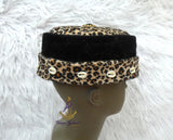 Igbo Edo Chieftaincy Ozo Leopard Print Velvet African Style Cap with Cowrie Shell Detail Hat PrestigeApplause Jewels