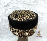 Igbo Edo Chieftaincy Ozo Leopard Print Velvet African Style Cap with Cowrie Shell Detail Hat PrestigeApplause Jewels