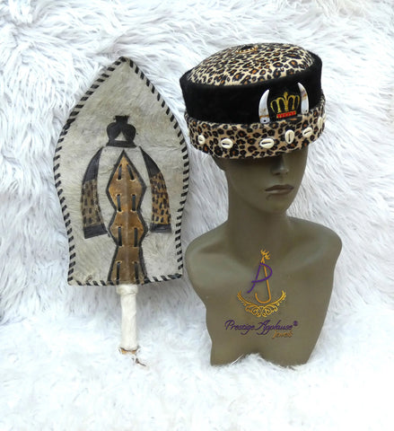 Igbo Edo Chieftaincy Ozo Leopard Print Velvet African Style Cap with Cowrie Shell Detail Hat