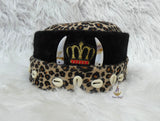 Igbo Edo Chieftaincy Ozo Leopard Print Velvet African Style Cap with Cowrie Shell Detail Hat
