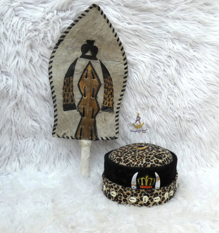 Igbo Edo Chieftaincy Ozo Leopard Print Velvet African Style Cap with Cowrie Shell Detail Hat