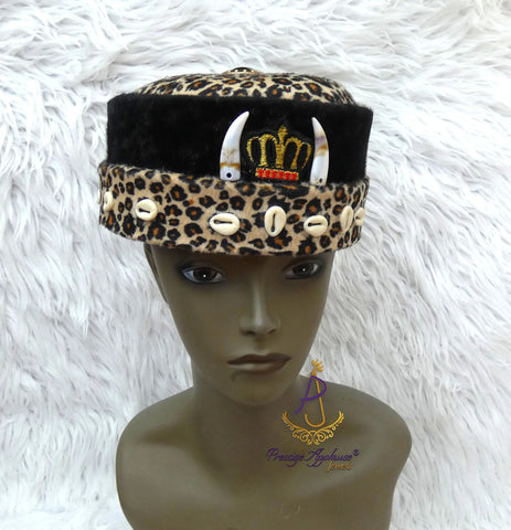 Igbo Edo Chieftaincy Ozo Leopard Print Velvet African Style Cap with Cowrie Shell Detail Hat