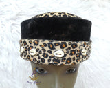 Igbo Edo Chieftaincy Ozo Leopard Print Velvet African Style Cap with Cowrie Shell Detail Hat