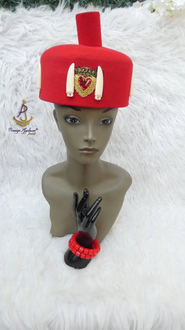 Igbo Edo Chieftaincy Ozo Red Hat | Nigerian Men’s Cap | African Traditional Chief Hat with Hand Held Accessories