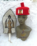 Igbo Edo Chieftaincy Ozo Red Hat | Nigerian Men’s Cap | African Traditional Chief Hat with Hand Held Accessories