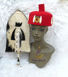 Igbo Edo Chieftaincy Ozo Red Hat | Nigerian Men’s Cap | African Traditional Chief Hat with Hand Held Accessories