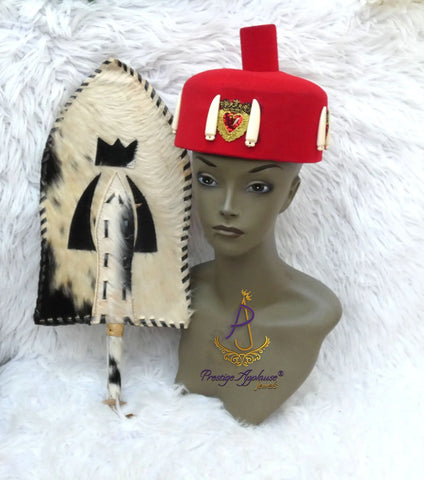 Igbo Edo Chieftaincy Ozo Red Hat | Nigerian Men’s Cap | African Traditional Chief Hat with Hand Held Accessories