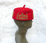 Igbo Edo Chieftaincy Ozo Red Hat | Nigerian Men’s Cap with Gold Embroidery | African Traditional Chief Hat with free Red bracelet PrestigeApplause Jewels