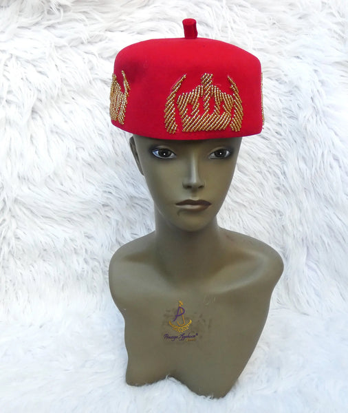 Igbo Edo Chieftaincy Ozo Red Hat | Nigerian Men’s Cap with Gold Embroidery | African Traditional Chief Hat with free Red bracelet PrestigeApplause Jewels