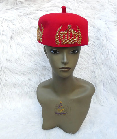 Igbo Edo Chieftaincy Ozo Red Hat | Nigerian Men’s Cap with Gold Embroidery | African Traditional Chief Hat with free Red bracelet PrestigeApplause Jewels