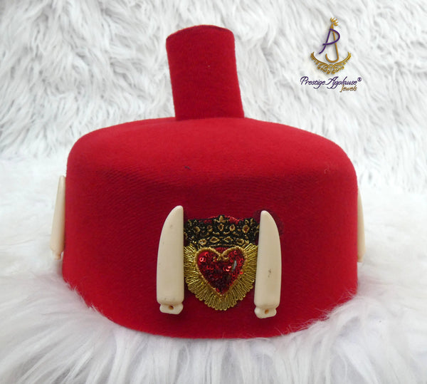 Igbo Edo Chieftaincy Ozo Red Hat | Nigerian Men’s Cap | African Traditional Chief Hat with Hand Held Accessories