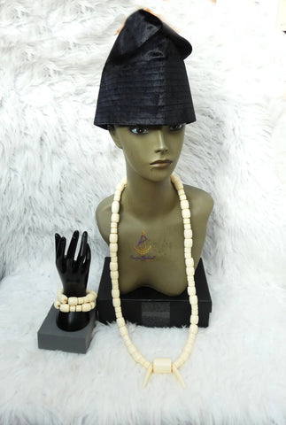 Cream White Igbo Edo Elephant Tusk Red Coral Groom With Hat Men African Beads Jewellery Set Coral Beads