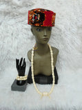 Cream White Igbo Edo Elephant Tusk Red Coral Groom With Hat Men African Beads Jewellery Set Coral Beads