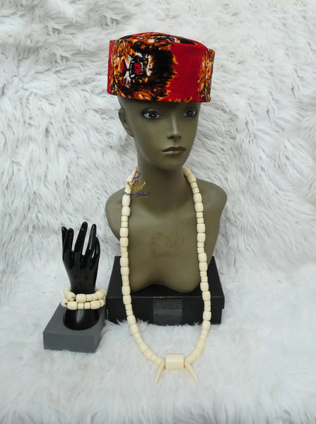 Cream White Igbo Edo Elephant Tusk Red Coral Groom With Hat Men African Beads Jewellery Set Coral Beads