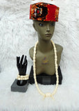Cream White Igbo Edo Elephant Tusk Red Coral Groom With Hat Men African Beads Jewellery Set Coral Beads