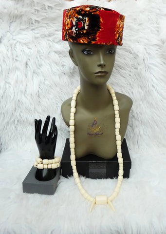 Cream White Igbo Edo Elephant Tusk Red Coral Groom With Hat Men African Beads Jewellery Set Coral Beads