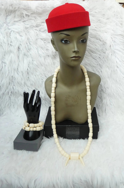Cream White Igbo Edo Elephant Tusk Red Coral Groom With Hat Men African Beads Jewellery Set Coral Beads