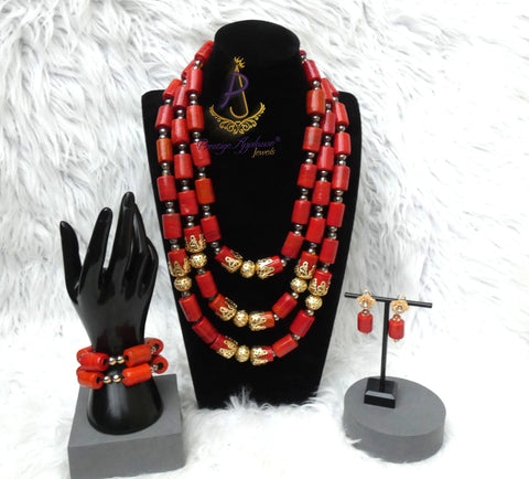 2/3 Layers Red Beaded Necklace Set Gold-Tone Accessories – Traditional Women Set