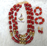 2/3 Layers Red Beaded Necklace Set Gold-Tone Accessories – Traditional Women Set