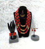 2/3 Layers Red Beaded Necklace Set Gold-Tone Accessories – Traditional Women Set