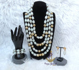 Multi 3/4 Layers White Off-White Beaded Necklace Set Gold-Tone Accessories – Traditional Women Set