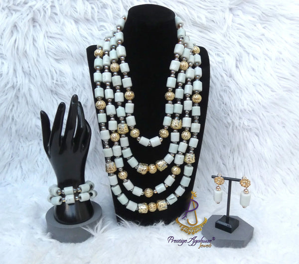 Multi 3/4 Layers White Off-White Beaded Necklace Set Gold-Tone Accessories – Traditional Women Set PrestigeApplause Jewels