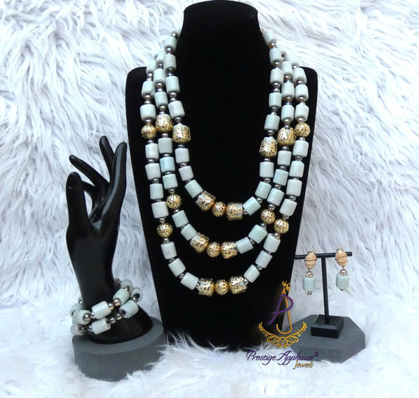 Multi 2/3 Layers White Off-White Beaded Necklace Set Gold-Tone Accessories – Traditional Set