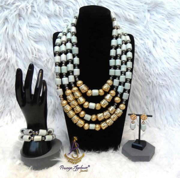 Multi Layers Beautiful White Off-White Beaded Necklace Set Gold-Tone Accessories – Traditional Set
