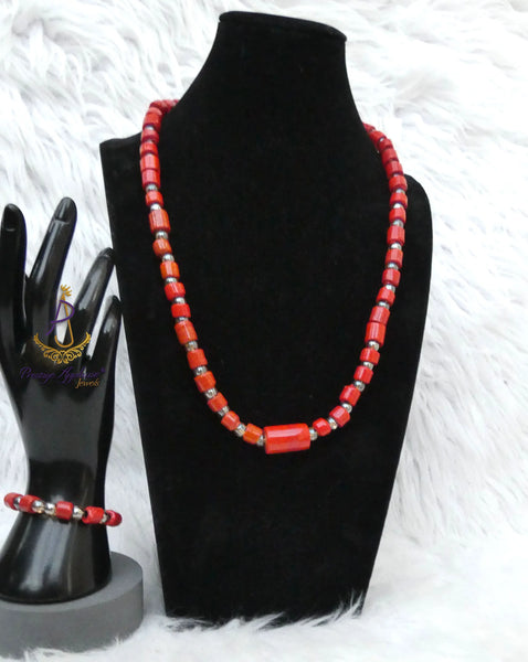 New Red-Orange Coral-Style Beaded Necklace Men Women Set – Traditional Statement Jewellery PrestigeApplause Jewels