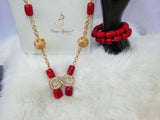 Elongated New Design Red Authentic Traditional Coral Beads with Gold Plated Necklace Jewellery Set